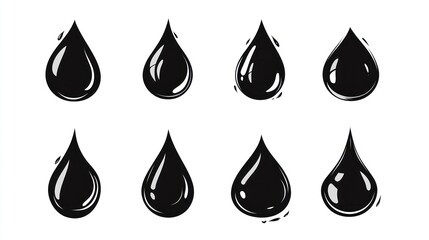 Eight black oil drop icons; white background; industrial design