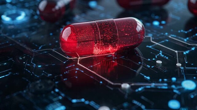 A red pill on an electronic background, medicine concept.