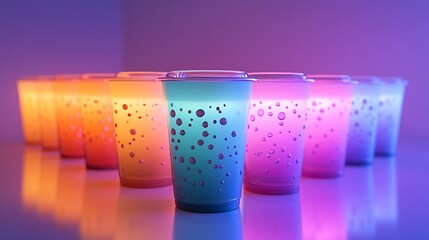 Bubble tea cups in pastel colors with glowing tapioca pearls