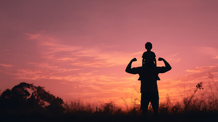 Silhouette of loving father walking side by side with son holding hands. A silhouette of a father carrying his son on his shoulders at sunset.