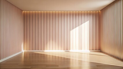 Sunlit Empty Room with Pale Pink Vertical Paneling and Light Wood Floor