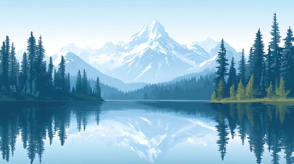 Lake reflection of snow-capped mountain, trees, serene