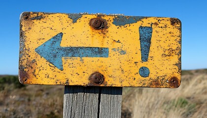 Weathered yellow sign; left arrow, exclamation