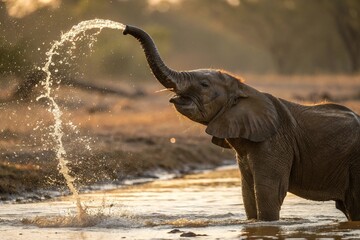 Obraz premium Young Elephant Playing with Water at a Riverbank