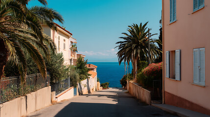 Fototapeta premium Mediterranean Coastal Street Sloping Toward The Sea With Palm Trees And Horizon View