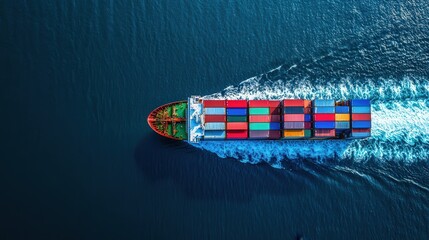 Aerial view of a container ship navigating the water, leaving a wake behind.