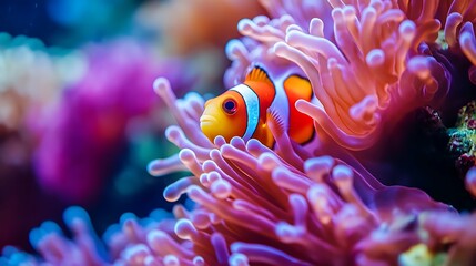 Clownfish nestled in the tentacles of a pink sea anemone in a reef