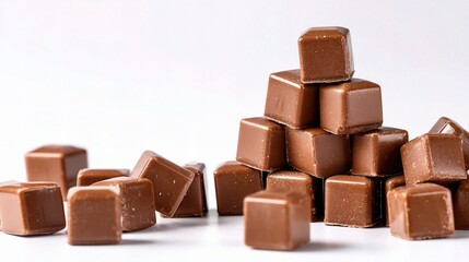 Neatly Stacked and Scattered Milk Chocolate Cubes on White Background