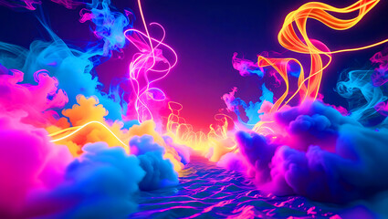 Abstract colorful illustration with fractal patterns of light blue waves and smoky clouds against a painted sky