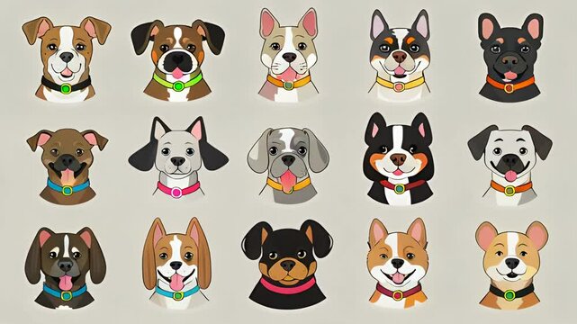 Collection of 15 Cute Cartoon Dog Head Illustrations in Flat Design Style