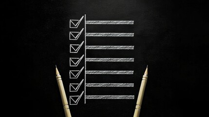 High-contrast minimalist chalkboard checklist with hand-drawn tick boxes and horizontal lines, flanked by diagonally placed wooden pencils on a textured black surface, conveying