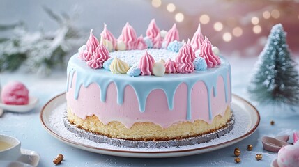 Ice cream cake decorated with pastel frosting mountains
