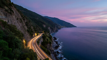 Cliffside Coastal Highway Along Mediterranean Sea At Dusk With Headlights Streaking