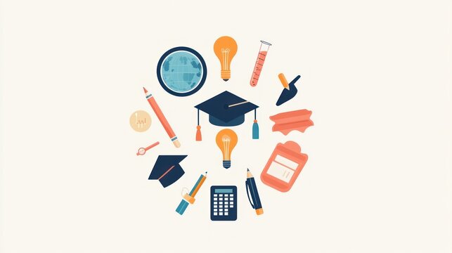 Graduation cap and school supplies on a white background for education