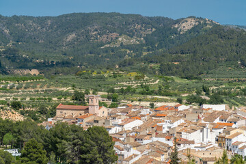 Naklejka premium Landscape with a village on background, in Bicorp, Comunidad Valenciana (Spain)