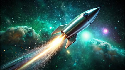 Fototapeta premium A gleaming silver rocket ship embarks on a journey through a vibrant nebula, propelled by a fiery trail of cosmic dust and energy.