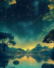 Fototapeta premium Serene Night Sky Over Mountains and Reflecting Water Landscape