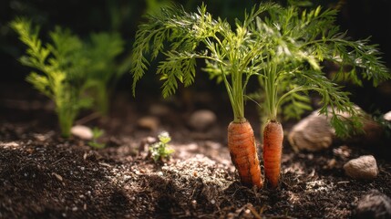 carrots with green leaves and roots growing in the dirt