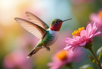 Fototapeta premium Colorful Hummingbird in Flight with Pink Flower and Sunlight