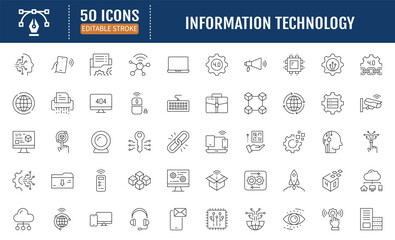 Information technology line editable stroke. Containing Programming, network, website, technology progress, internet, devices, server, data. Vector Illustration