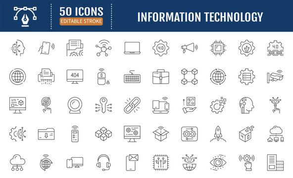 Information technology line editable stroke. Containing Programming, network, website, technology progress, internet, devices, server, data. Vector Illustration