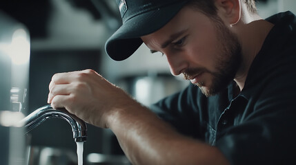 Man Adjusting a Faucet in an Industrial Setting