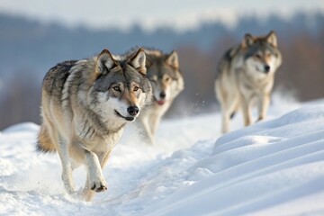 Naklejka premium Wolves Running Through Snow in Winter Forest