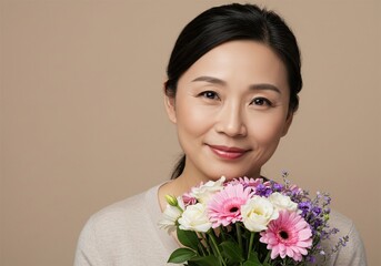 close up face of old woman smiling sweetly simply holding flower suitable for mother's day