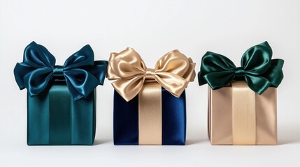 Elegant luxurious holiday gift boxes blue green gold satin ribbons