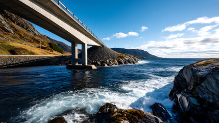 Long Concrete Bridge Arching Across Coastal Rocks And Tidal Inlet, Ideal For Infrastructure Promotion, Engineering Visuals, And Transportation Reports