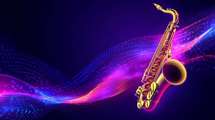 Obraz premium Saxophone Golden saxophone illustration with wavy, neon blue and pink light effects