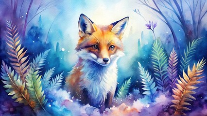 Enchanted Forest Fox A Serene Watercolor Painting of a Red Fox Amidst Vibrant Flora