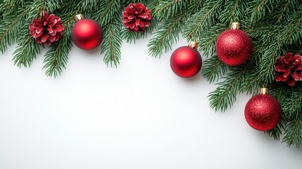 Isolated Christmas tree branch adorned with vibrant red ornaments and pine cones captures festive spirit from above
