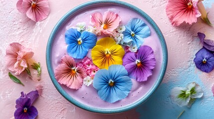 Bright pastel smoothie bowls decorated with edible flowers