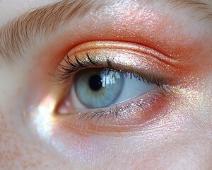 Fototapeta premium Close-up of a light-blue eye with shimmering peach eyeshadow