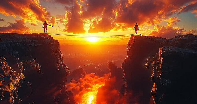Two people balancing on a tightrope at sunset
