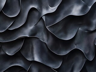 Abstract background texture of layered dark grey or black wavy material resembling scales, petals, or thick fabric with a matte finish. 