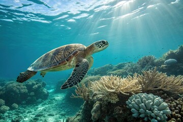 Fototapeta premium Sea Turtle Swimming Over Coral Reef in Sunlit Ocean Waters