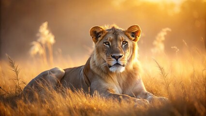 Fototapeta premium Majestic Lioness Basking in Golden Hour Light, Serene and Powerful in Tall Grass