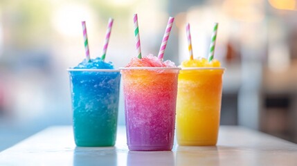 Rainbow slushies in clear cups with pastel striped straws