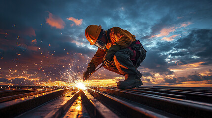 Fototapeta premium construction worker welding steel beams at sunset, creating dramatic scene with sparks flying