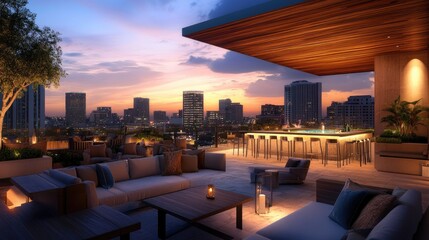 Obraz premium Outdoor rooftop lounge area with city views at twilight.