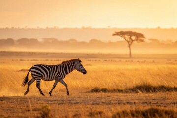 Fototapeta premium Zebra Walking Through African Savannah at Golden Sunrise