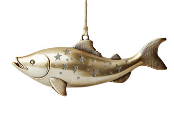 Decorative fish ornament hanging on string with stars and metallic shine, ideal for unique home decor and artistic interior design notions
