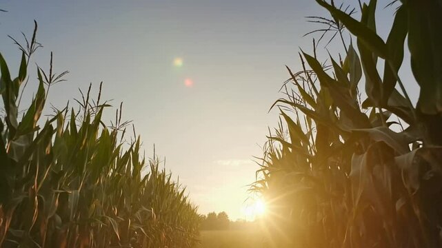 Steady drone forward shot above corn rows, golden beams slicing through the corn tops, crickets and a soft breeze audible, cinematic mood 