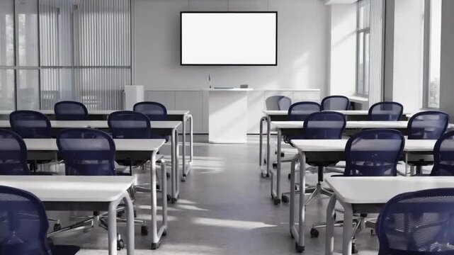 Empty Classroom: A modern classroom setting featuring rows of desks, an interactive display screen, and ample natural light, creating a space conducive to learning.