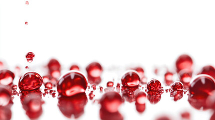 Small red droplets of liquid splash onto a glossy surface, creating an enchanting effect. The bright background highlights each droplet's unique shape and shimmer, adding to the mesmerizing scene