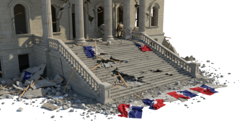 Destroyed Grand Staircase Ruined Building Fallen Flags War Aftermath Destruction Scene 3D Render