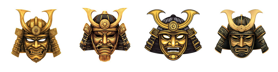 Collection of Four Golden Samurai Masks Detailed Illustration Japanese Warrior Helmet and Face Design