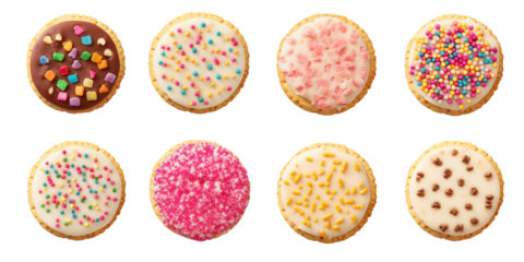 カラフルなスプリンクルとチョコレートのデコレーションが施されたアイスドクッキーの盛り合わせ（透明な背景、PNG形式）








